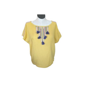 Ariat Flutter Sleeve Top Yellow Southwestern With Tassels XL